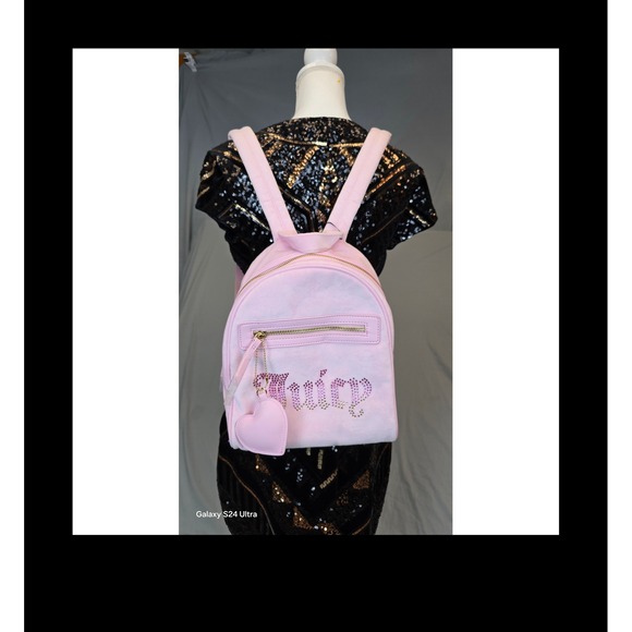 Juicy Couture Pink Velour Mini Backpack NWT Rhinestone Logo Heart Charm Small - Picture 8 of 8
